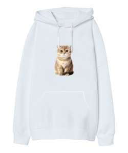 kedi beyaz Beyaz Oversize Unisex Kapüşonlu Sweatshirt