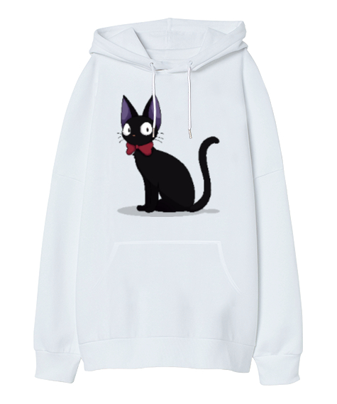 Tisho - Kedi Beyaz Oversize Unisex Kapüşonlu Sweatshirt