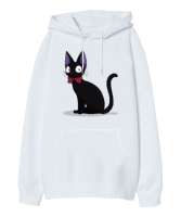 Kedi Beyaz Oversize Unisex Kapüşonlu Sweatshirt - Thumbnail