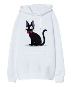 Kedi Beyaz Oversize Unisex Kapüşonlu Sweatshirt