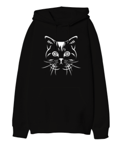 kedi beyaz Oversize Unisex Kapüşonlu Sweatshirt