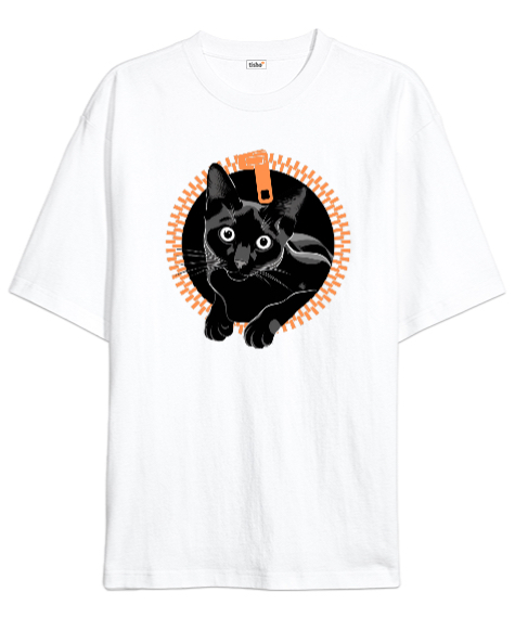 Tisho - Kedi Beyaz Oversize Unisex Tişört