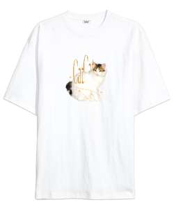 kedi- cat graphic Beyaz Oversize Unisex Tişört