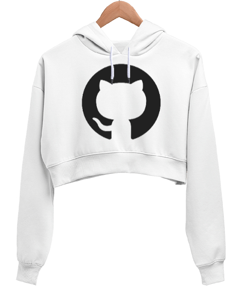 Tisho - Kedi Desenli Beyaz Kadın Crop Hoodie Kapüşonlu Sweatshirt