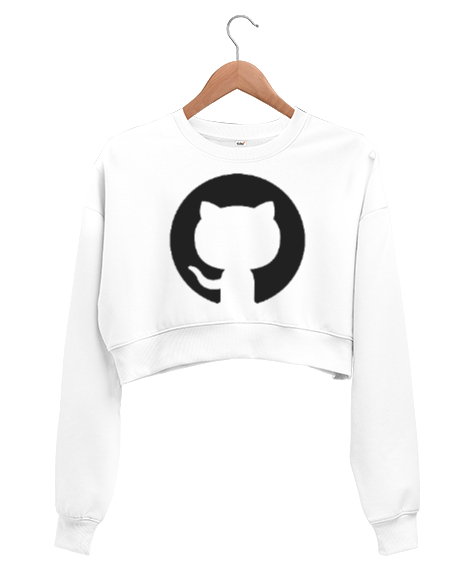 Tisho - Kedi Desenli Beyaz Kadın Crop Sweatshirt