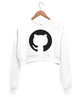 Kedi Desenli Beyaz Kadın Crop Sweatshirt - Thumbnail