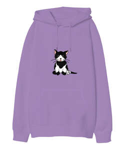 kedi figür Lila Oversize Unisex Kapüşonlu Sweatshirt