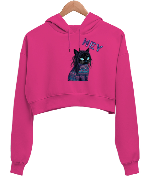 Tisho - Kedi Fuşya Kadın Crop Hoodie Kapüşonlu Sweatshirt