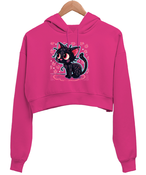 Kedi Fuşya Kadın Crop Hoodie Kapüşonlu Sweatshirt - Tisho