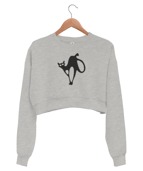 Kedi Gri Kadın Crop Sweatshirt