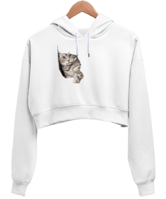 KEDİ Kadın Crop Hoodie Kapüşonlu Sweatshirt