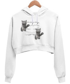 kedi Kadın Crop Hoodie Kapüşonlu Sweatshirt