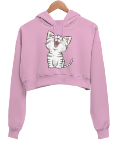 kedi Kadın Crop Hoodie Kapüşonlu Sweatshirt