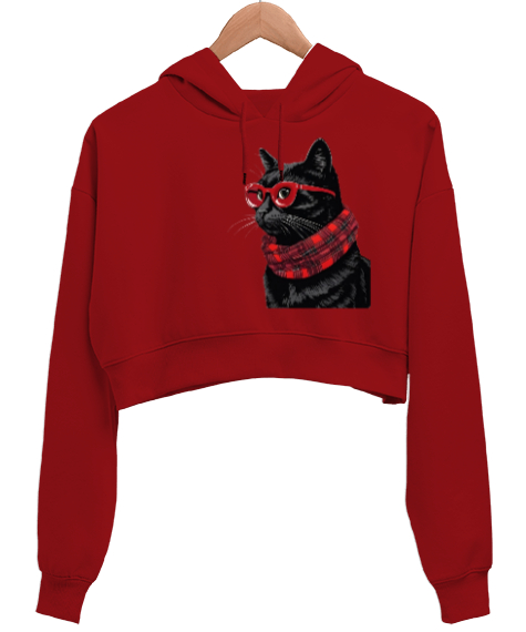 Kedi Kırmızı Kadın Crop Hoodie Kapüşonlu Sweatshirt - Tisho