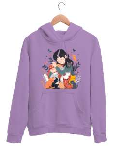 Kedi Lila Unisex Kapşonlu Sweatshirt