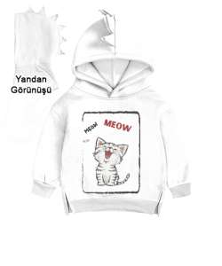 kedi meow yazılı Beyaz Çocuk Dinozor Kapşonlu Hoodie