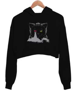 Kedi Sauronun Gözü Tasarım Baskılı Siyah Kadın Crop Hoodie Kapüşonlu Sweatshirt