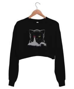 Kedi Sauronun Gözü Tasarım Baskılı Siyah Kadın Crop Sweatshirt