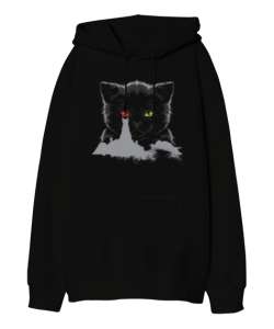 Kedi Sauronun Gözü Tasarım Baskılı Siyah Oversize Unisex Kapüşonlu Sweatshirt