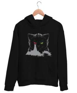 Kedi Sauronun Gözü Tasarım Baskılı Siyah Unisex Kapşonlu Sweatshirt