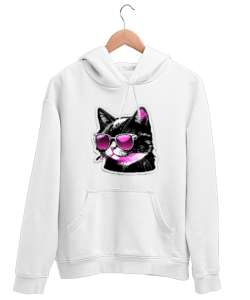 Kedi Sever Beyaz Unisex Kapşonlu Sweatshirt