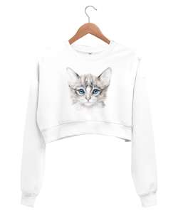 Kedi Silüet - Cat Beyaz Kadın Crop Sweatshirt