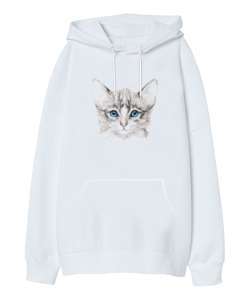 Kedi Silüet - Cat Beyaz Oversize Unisex Kapüşonlu Sweatshirt