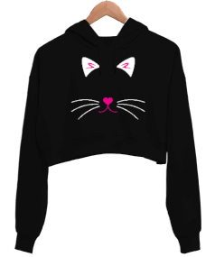 Kedi Silüet Kadın Crop Hoodie Kapüşonlu Sweatshirt