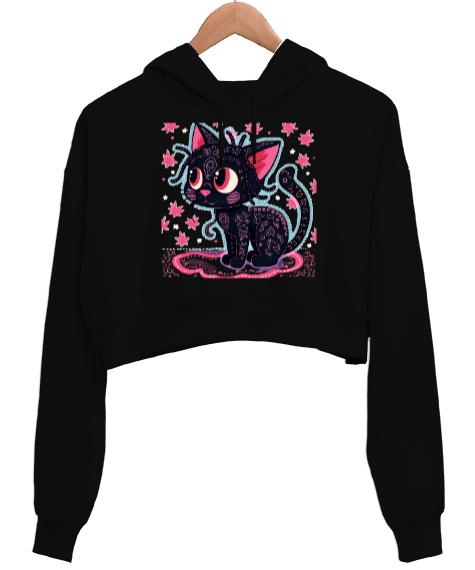 Kedi Siyah Kadın Crop Hoodie Kapüşonlu Sweatshirt - Tisho