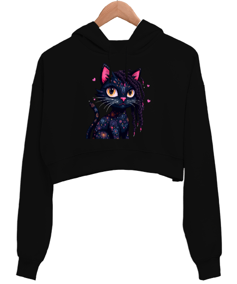 Tisho - Kedi Siyah Kadın Crop Hoodie Kapüşonlu Sweatshirt