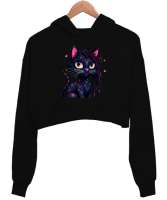 Kedi Siyah Kadın Crop Hoodie Kapüşonlu Sweatshirt - Thumbnail