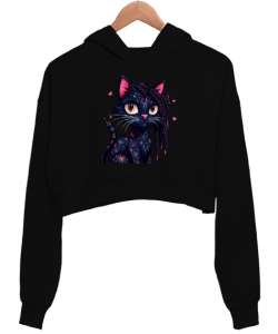 Kedi Siyah Kadın Crop Hoodie Kapüşonlu Sweatshirt