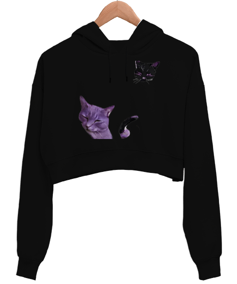 Tisho - Kedi Siyah Kadın Crop Hoodie Kapüşonlu Sweatshirt