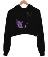 Kedi Siyah Kadın Crop Hoodie Kapüşonlu Sweatshirt - Thumbnail