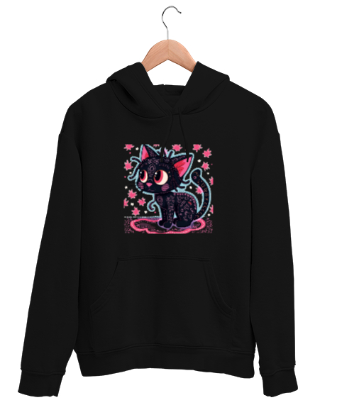 Kedi Siyah Unisex Kapşonlu Sweatshirt - Tisho