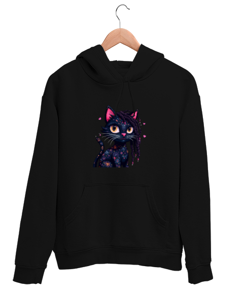 Tisho - Kedi Siyah Unisex Kapşonlu Sweatshirt