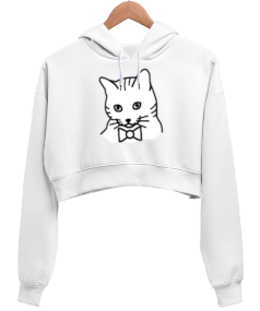 Kedi tasarım Kadın Crop Hoodie Kapüşonlu Sweatshirt