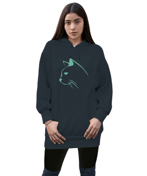 Kedi Tasarımlı Kadın Uzun Hoodie Kapüşonlu Sweatshirt