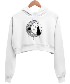 Kedi ve Ay Motif Mandala Kadın Crop Hoodie Kapüşonlu Sweatshirt