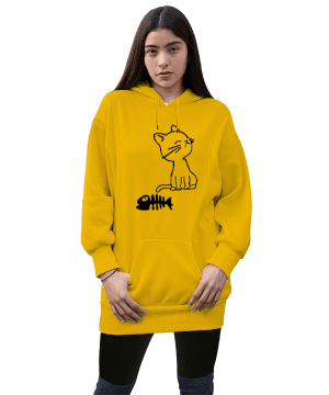 Kedi ve balık Kadın Uzun Hoodie Kapüşonlu Sweatshirt