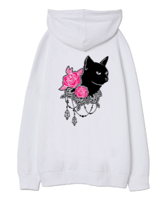 Kedi ve Gül Figürlü Oversize Unisex Kapüşonlu Sweatshirt