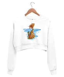 Kedi Yansıma Beyaz Kadın Crop Sweatshirt