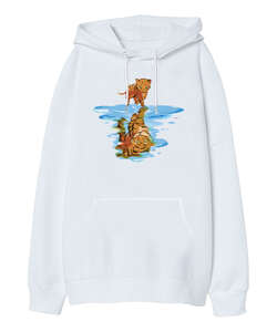 Kedi Yansıma Beyaz Oversize Unisex Kapüşonlu Sweatshirt