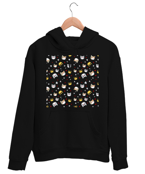 Tisho - Kedi Yüzleri Siyah Unisex Kapşonlu Sweatshirt