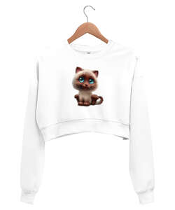 Kedicik Beyaz Kadın Crop Sweatshirt