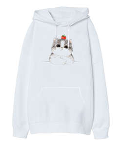 Kedicik Blu V2 Beyaz Oversize Unisex Kapüşonlu Sweatshirt