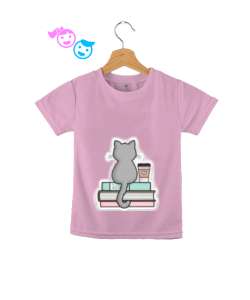 Kedi,kahve ve kitaplar baskılı Pembe Çocuk Unisex