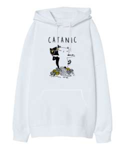 Kediler - Catanic Beyaz Oversize Unisex Kapüşonlu Sweatshirt