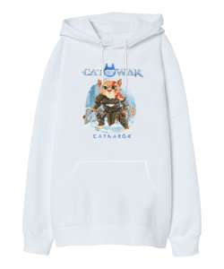 Kedilerin Savaşı Beyaz Oversize Unisex Kapüşonlu Sweatshirt