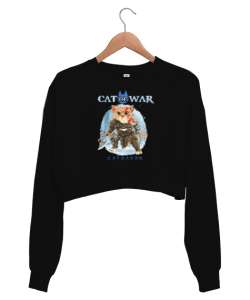 Kedilerin Savaşı Siyah Kadın Crop Sweatshirt